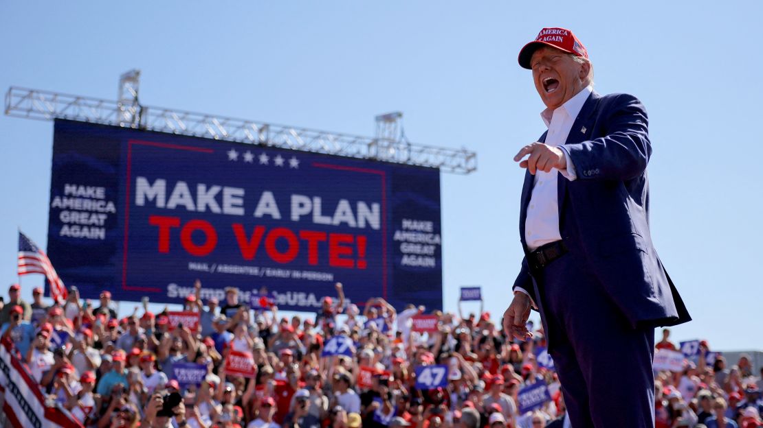 Trump addresses his supporters during a campaign rally in Wilmington, North Carolina, on September 21, 2024.