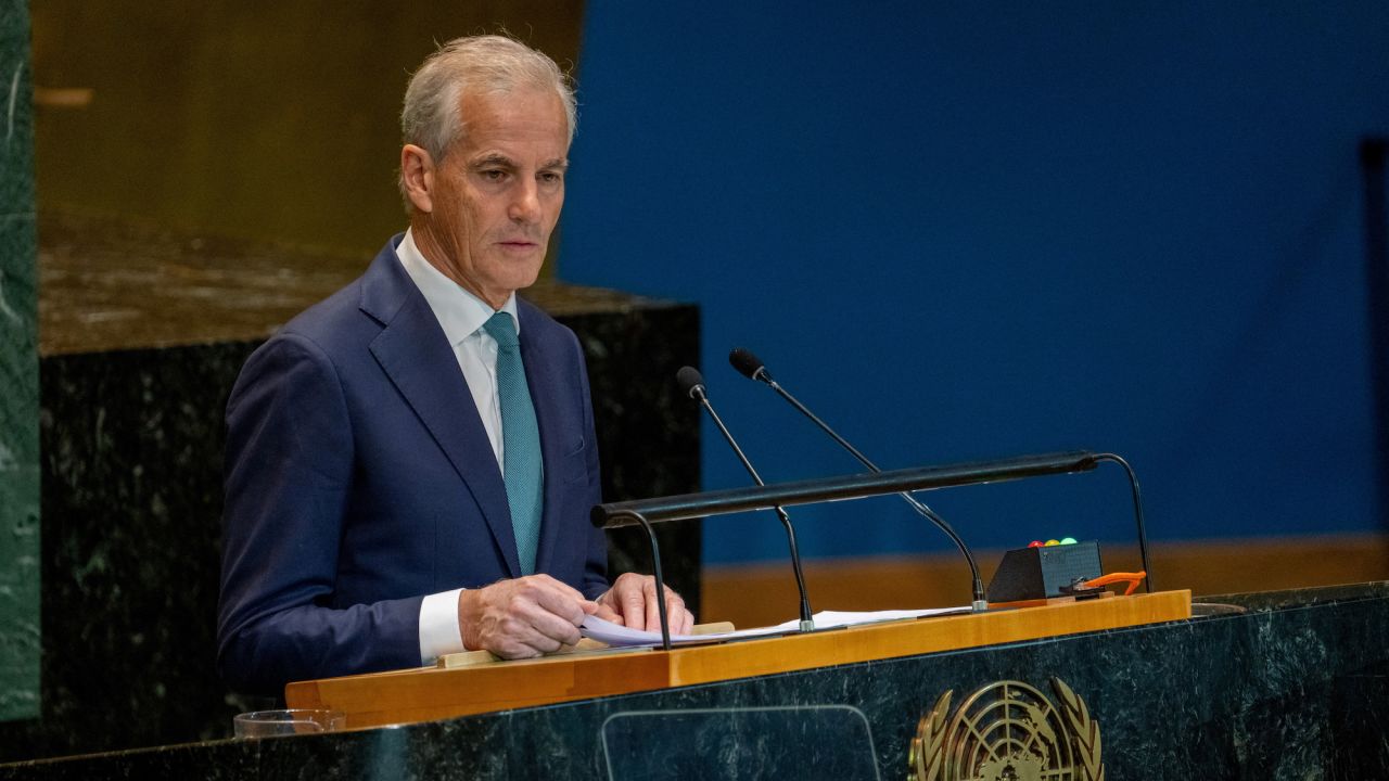 Prime Minister of Norway Jonas Gahr St?re addresses the United Nations General Assembly on Monday.