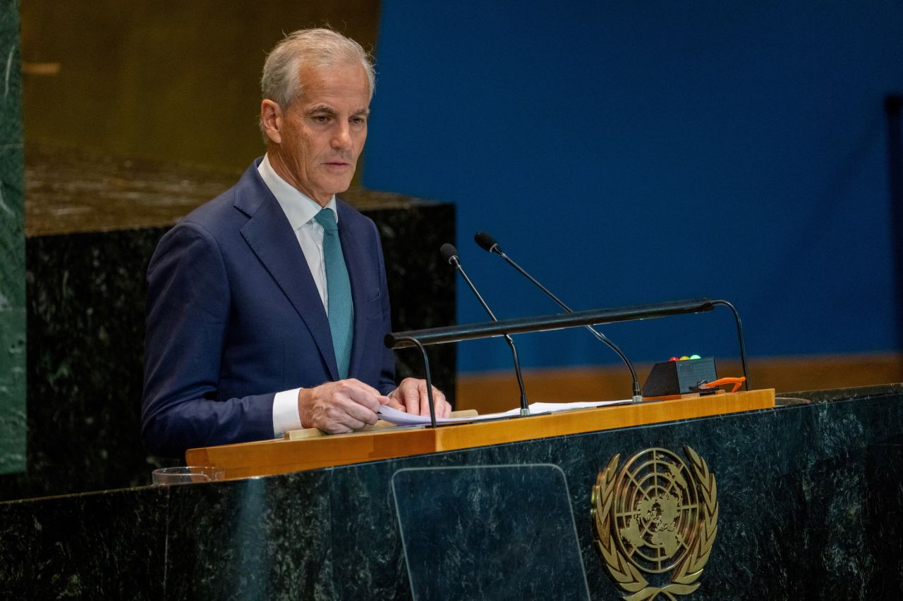 Prime Minister of Norway Jonas Gahr Støre addresses the United Nations General Assembly on Monday.