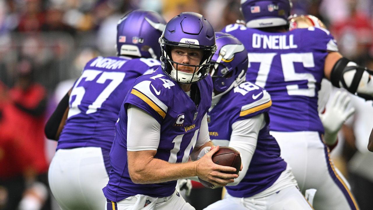 Sep 15, 2024; Minneapolis, Minnesota, USA; Minnesota Vikings quarterback Sam Darnold (14) in action against the San Francisco 49ers during the game at U.S. Bank Stadium. Mandatory Credit: Jeffrey Becker-Imagn Images