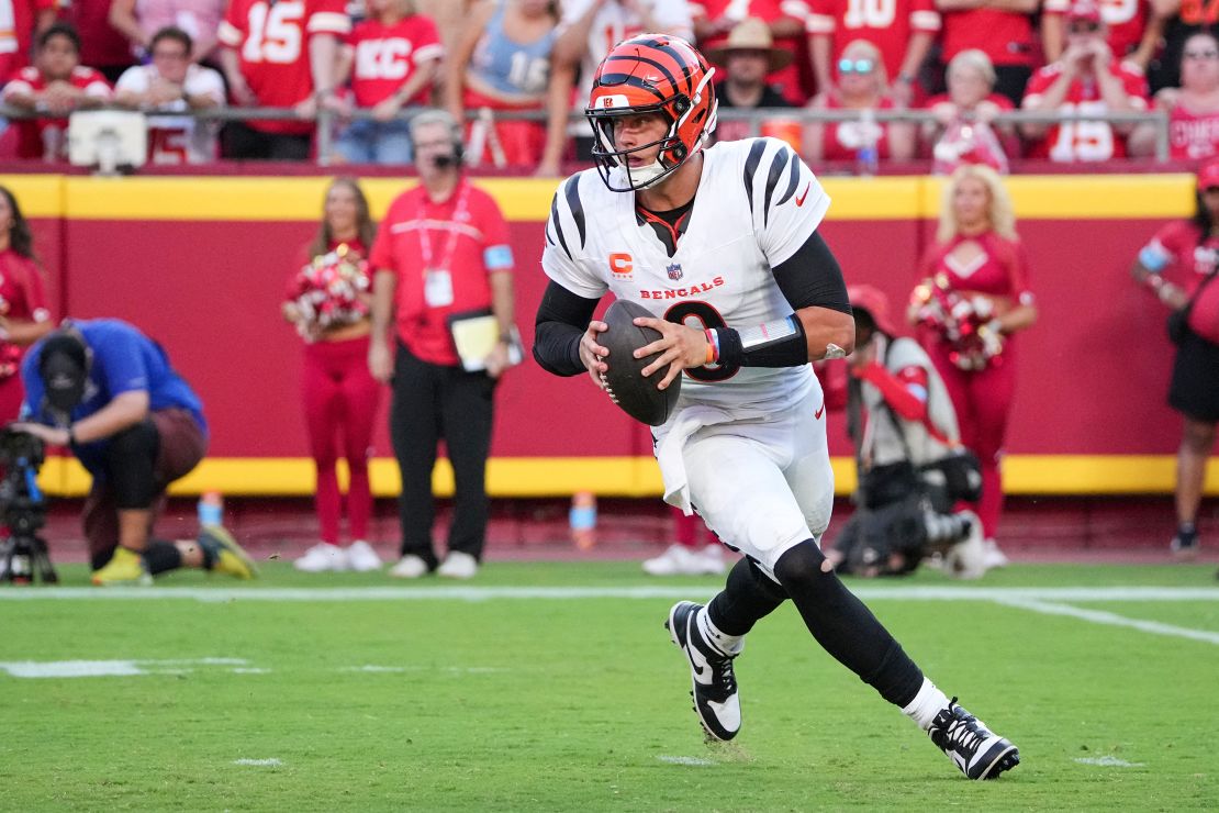 Sep 15, 2024; Kansas City, Missouri, USA; Cincinnati Bengals quarterback Joe Burrow (9) drops back to pass against the Kansas City Chiefs during the game at GEHA Field at Arrowhead Stadium. Mandatory Credit: Denny Medley-Imagn Images