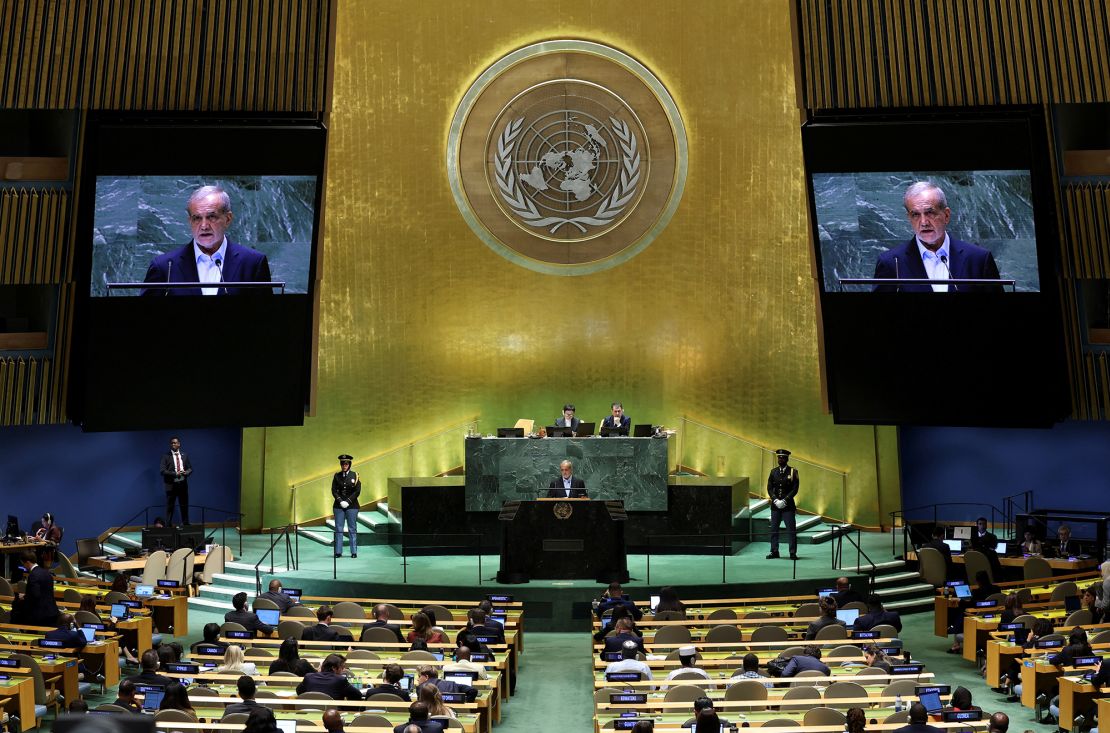 iran's president masoud pezeshkian addresses the 79th united nations general assembly at un headquarters in new york on september 24, 2024.