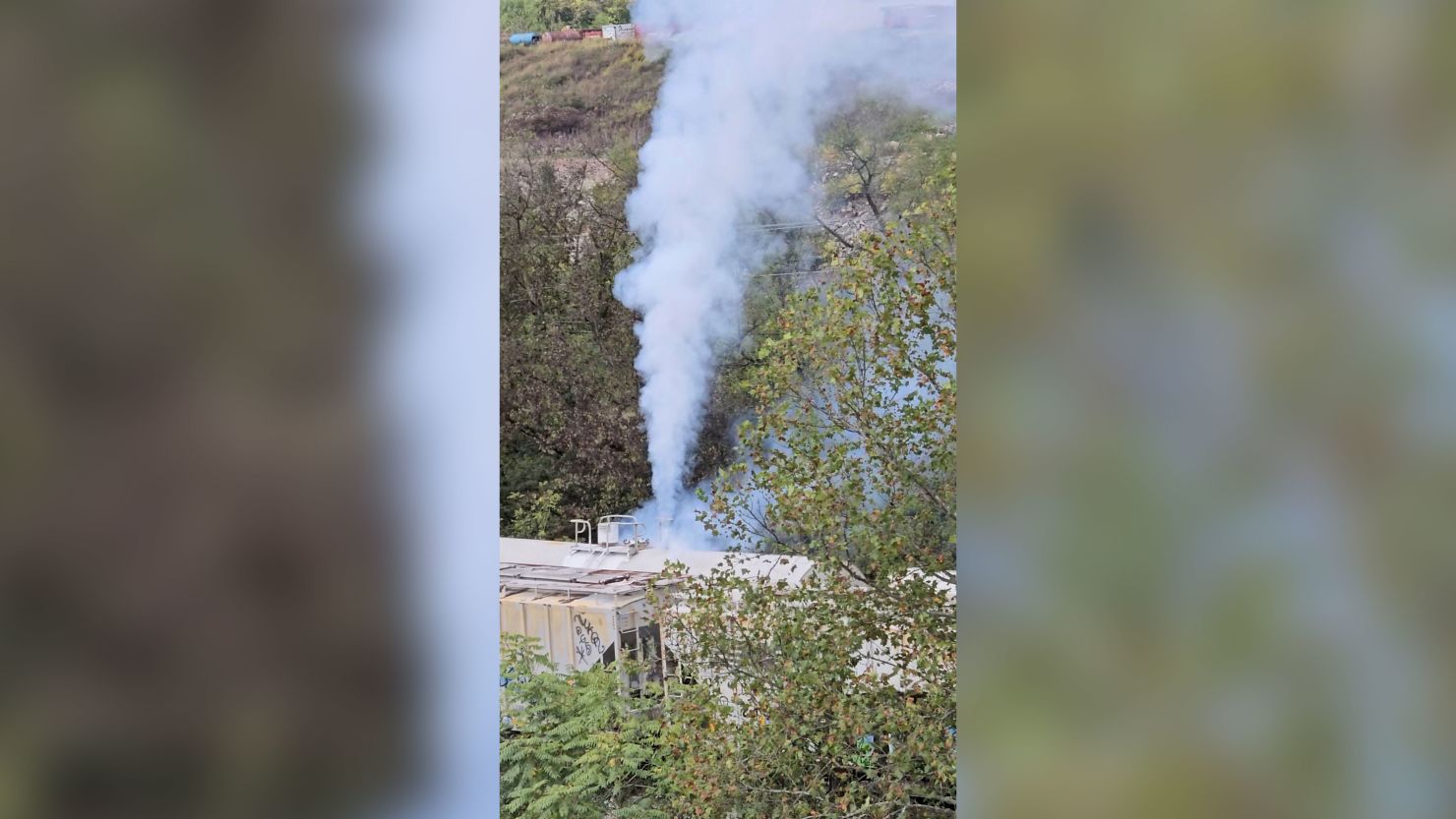 A leaking train car spews an unknown chemical into the air, which has been described as "dangerous" by local authorities, prompting an evacuation order in the area, in Cleves, Ohio, U.S., September 24, 2024 in this still image obtained from social media video.