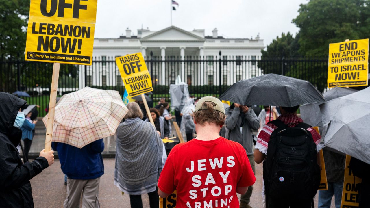 Demonstrators gather during a protest against Israel's attacks on Hezbollah targets in Lebanon during a rally near the White House in Washington, D.C., on September 24.