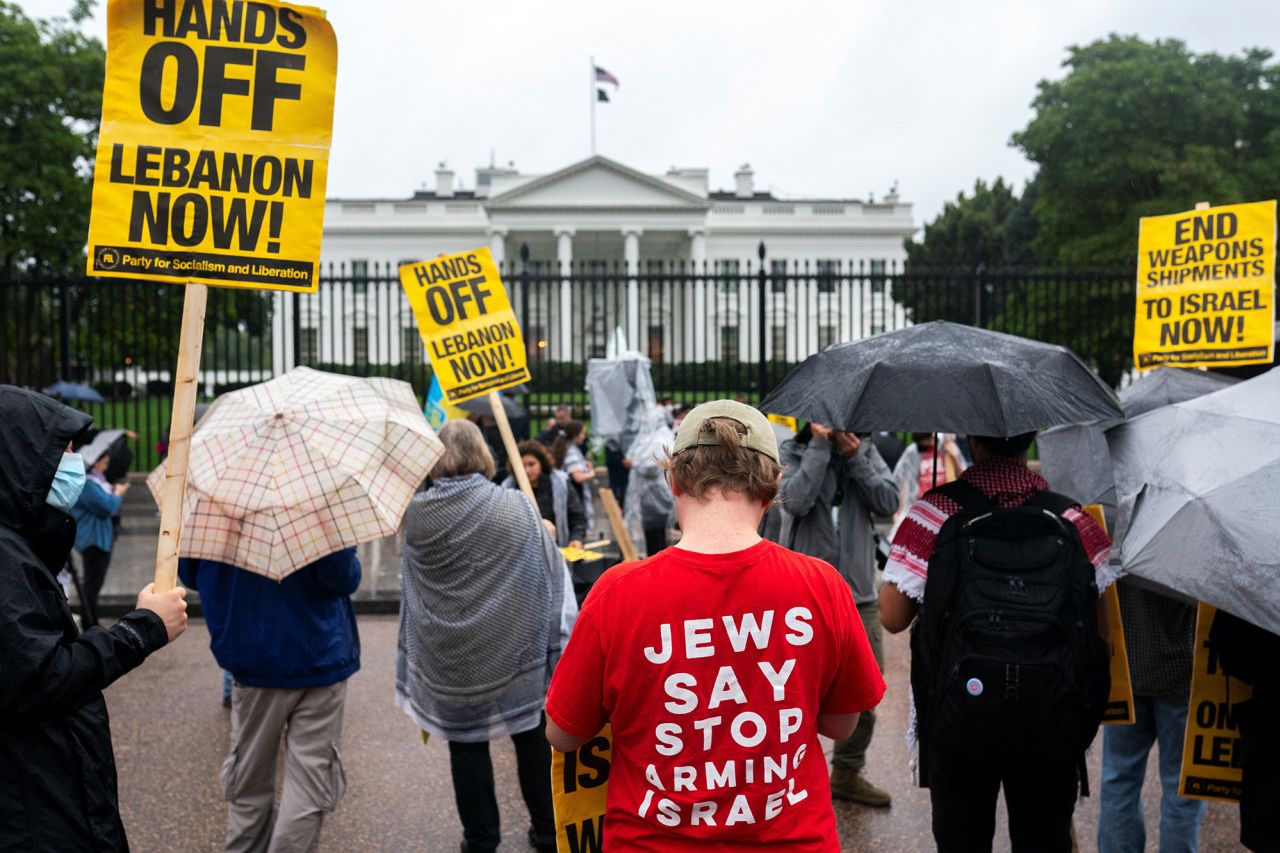 Demonstrators gather during a protest against Israel's attacks on Hezbollah targets in Lebanon during a rally near the White House in Washington, D.C., on September 24.