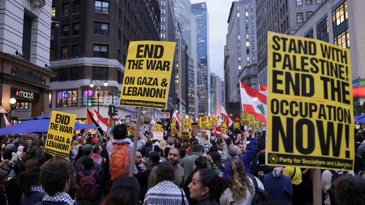 People gather to protest the escalation of conflict between Israel and Hezbollah, in New York City, on September 24.