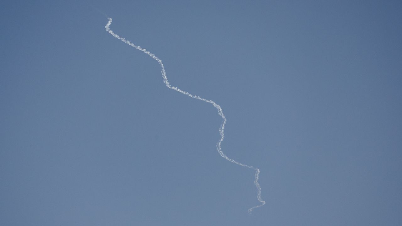 Israel's David's Sling system operates for interception as rockets are fired from Lebanon, as seen from Tel Aviv on September 25, 2024.