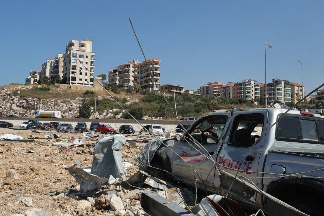 Damage is seen at the site of an Israeli strike that hit the Lebanese seaside town of Jiyeh early on Wednesday.