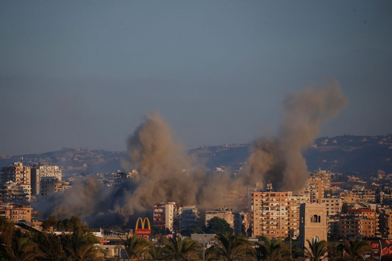 Smoke billows over southern Lebanon following an Israeli strike as seen from Tyre on Wednesday.