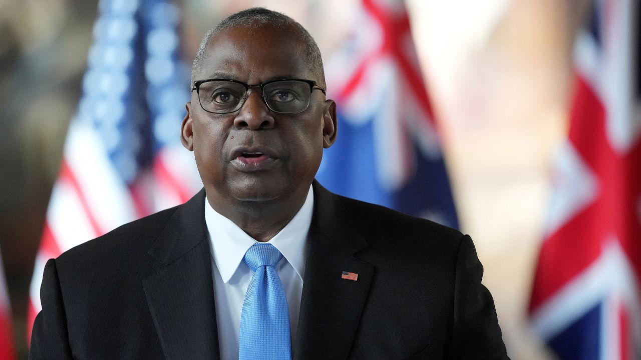 US Secretary of Defense Lloyd Austin speaks at Old Royal Naval College in London on Thursday.