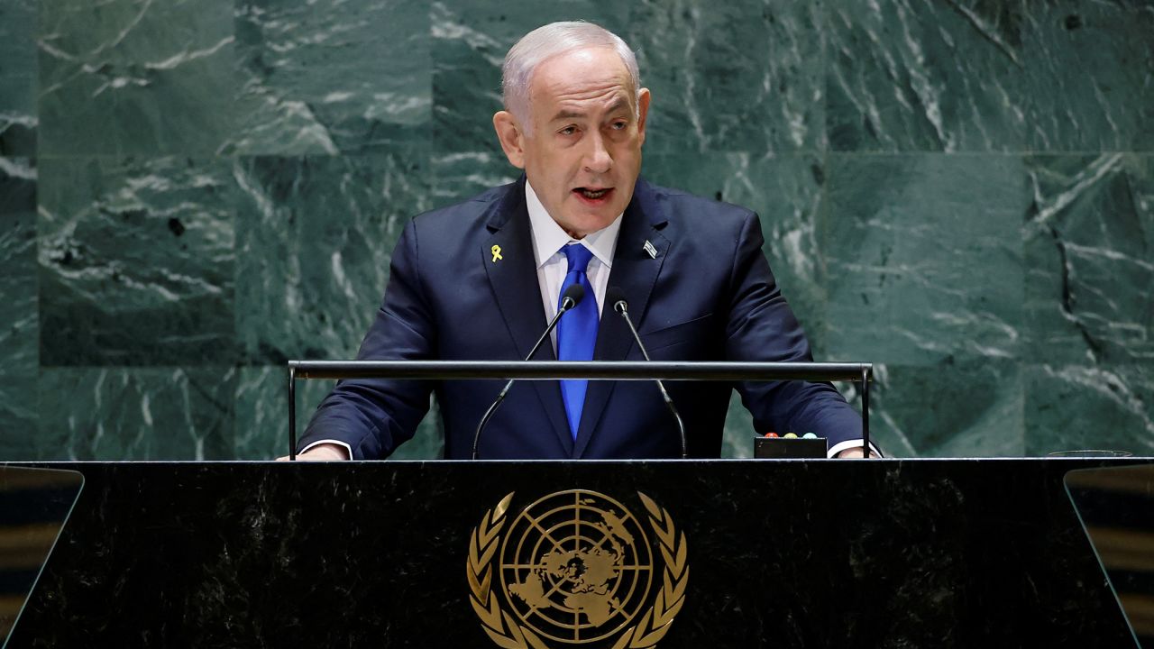 Israel's Prime Minister Benjamin Netanyahu addresses the 79th United Nations General Assembly at U.N. headquarters in New York, on September 27.