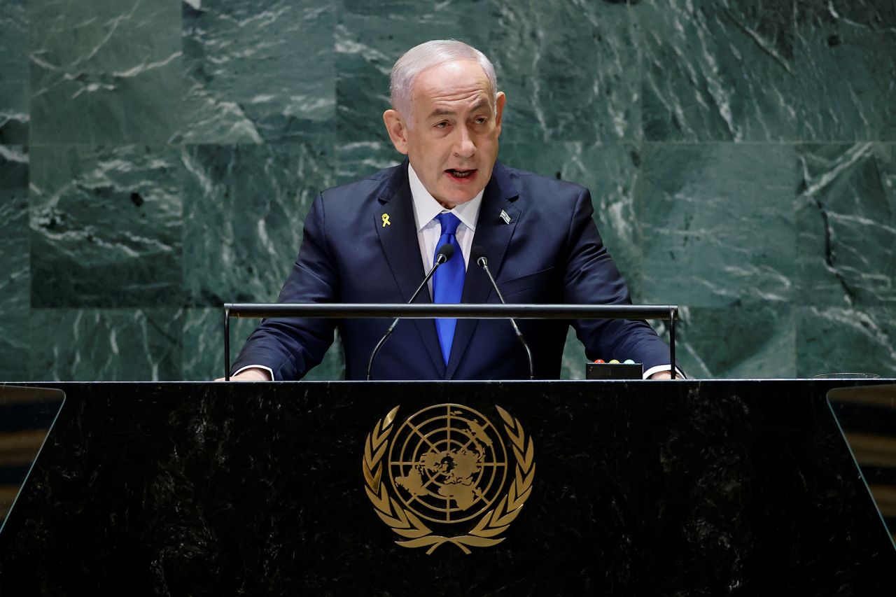 Israel's Prime Minister Benjamin Netanyahu addresses the 79th United Nations General Assembly at U.N. headquarters in New York, on September 27.