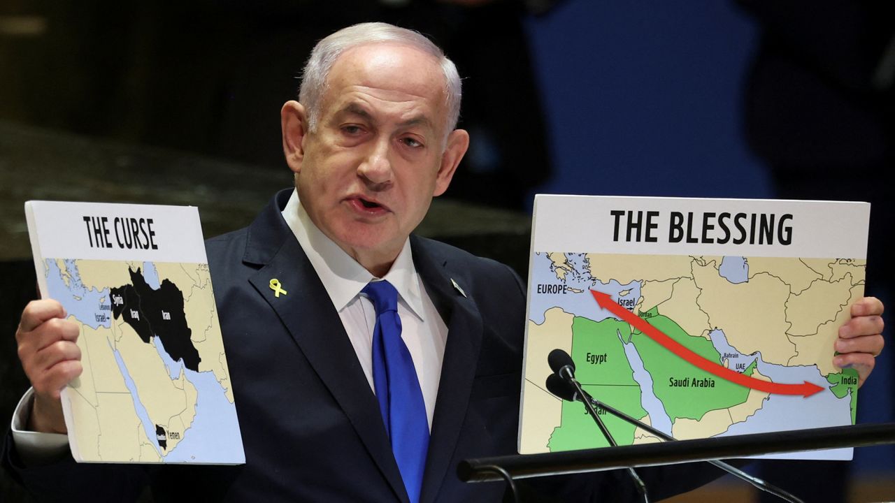 Israel's Prime Minister Benjamin Netanyahu addresses the 79th United Nations General Assembly at U.N. headquarters in New York, on September 27.