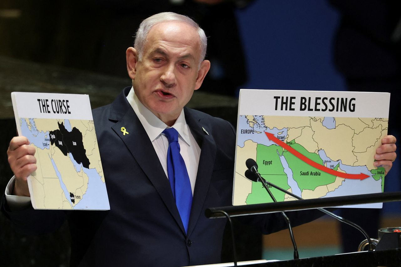 Israel's Prime Minister Benjamin Netanyahu addresses the 79th United Nations General Assembly at U.N. headquarters in New York, on September 27.