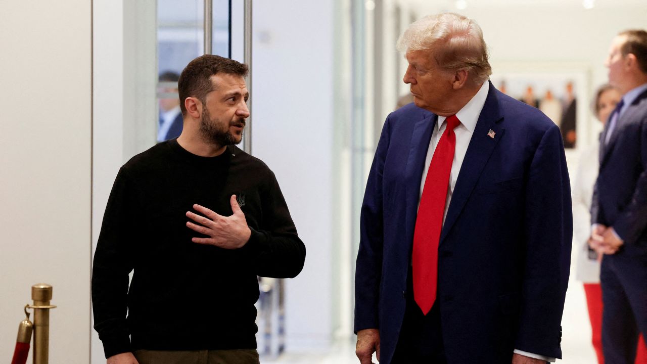 Republican presidential nominee and former U.S. President Donald Trump and Ukraine's President Volodymyr Zelenskiy meet at Trump Tower in New York City, U.S., September 27, 2024.