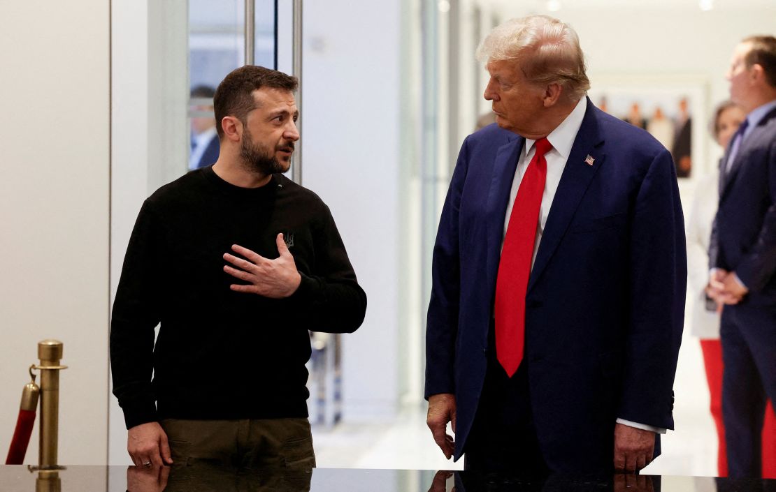 Republican presidential nominee and former U.S. President Donald Trump and Ukraine's President Volodymyr Zelensky meet at Trump Tower in New York City, U.S., September 27, 2024.