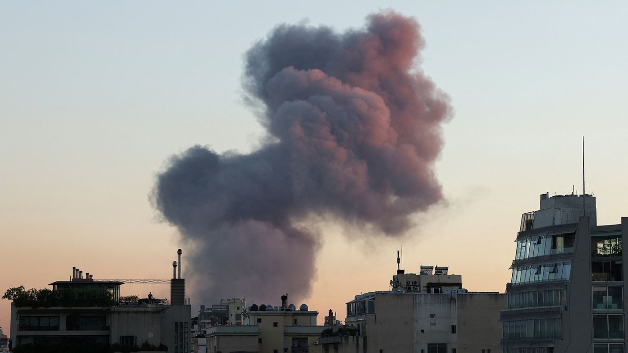 Smoke rises after an Israeli strike in Beirut's southern suburbs, Lebanon, on Friday, September 27.