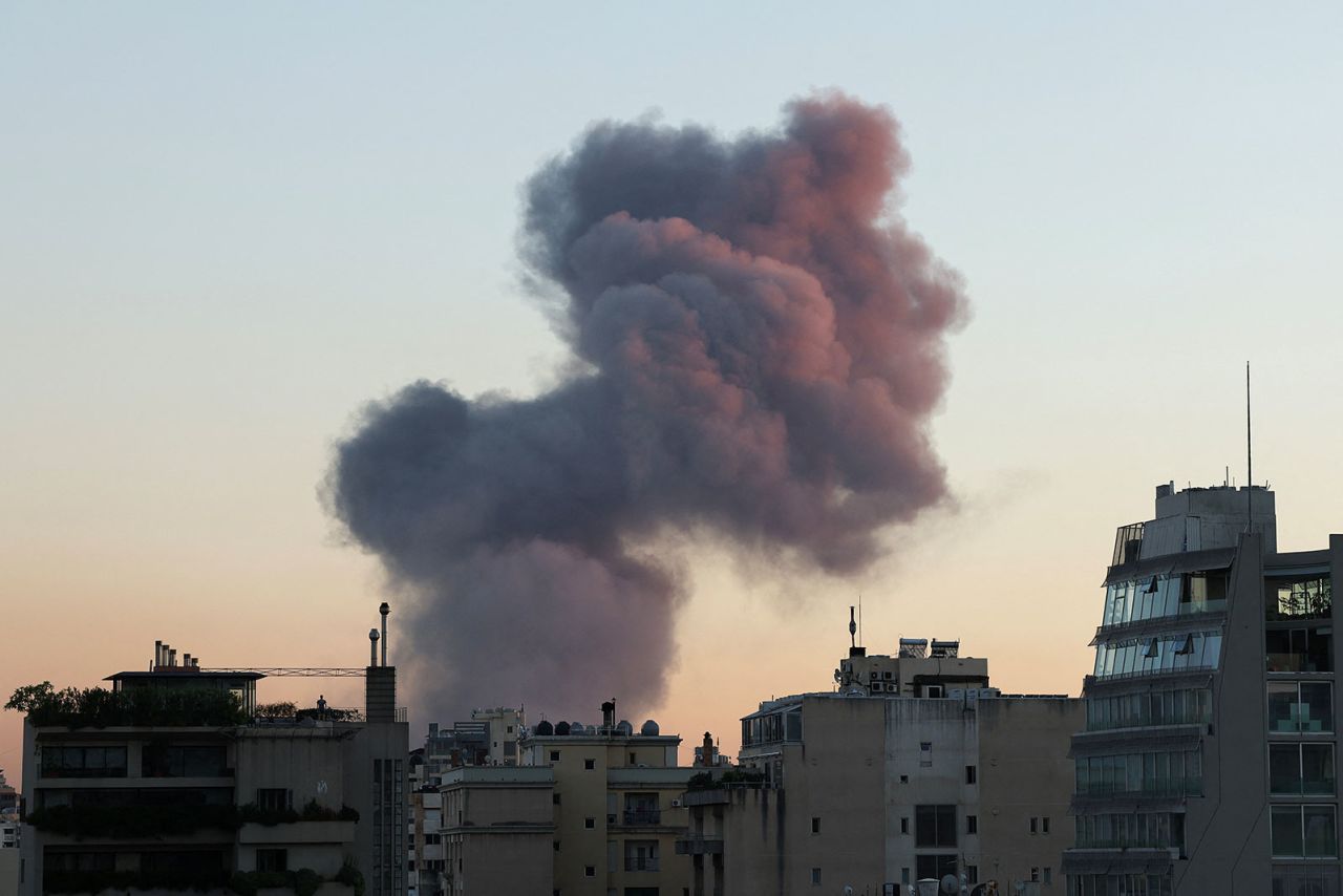 Smoke rises after an Israeli strike in Beirut's southern suburbs, Lebanon, on Friday, September 27.