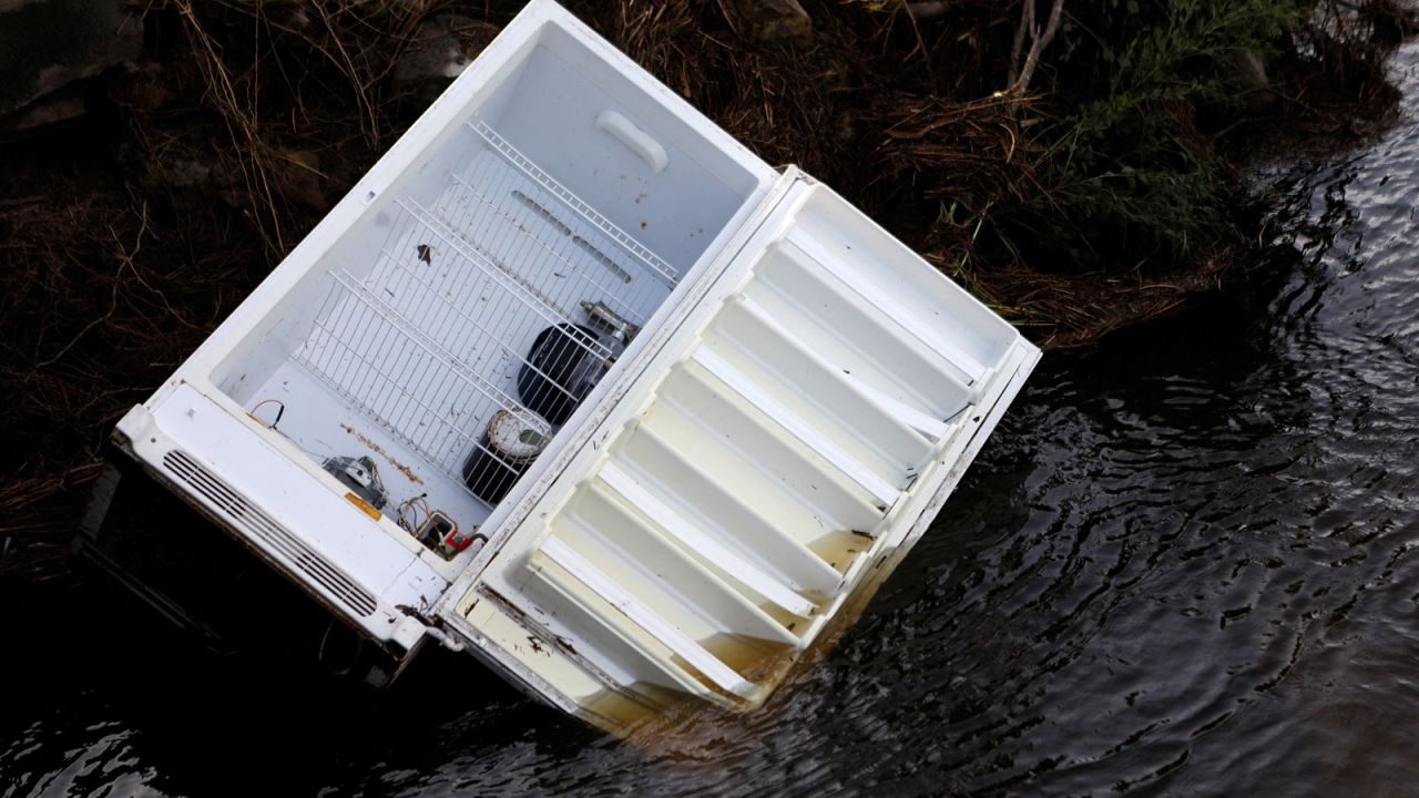 A refrigerator is pictured  after Hurricane Helene made landfall overnight, in Steinhatchee, Florida, U.S., September 27, 2024. REUTERS/Octavio Jones