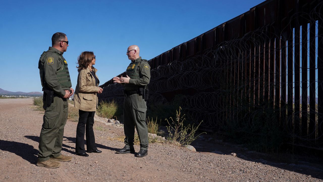 Vice President Kamala Harris tours the border wall with border patrol agents near Tucson, Arizona, on Friday.