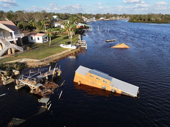 An aerial view shows a flooded and damaged area following Hurricane Helene in Steinhatchee on September 27.