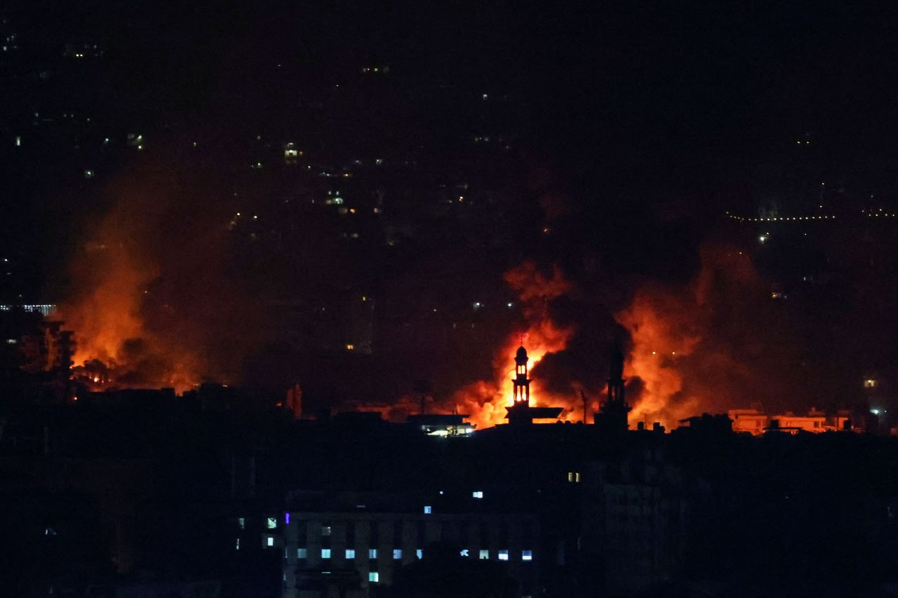 Smoke billows over Beirut's southern suburbs as seen from Sin El Fil, Lebanon, on Saturday, September 28.