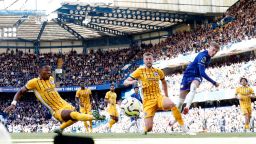 Chelsea's Cole Palmer scores their fourth goal against Brighton & Hove Albion at Stamford Bridge in London, on September 28, 2024.