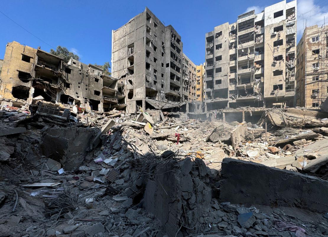 Damage from the Israeli air strike that killed Nasrallah is seen in Beirut's southern suburbs, September 29, 2024.