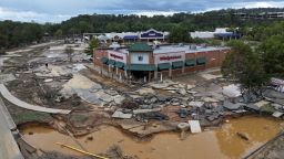 A drone view shows a damaged area, following the passing of Hurricane Helene, in Asheville, North Carolina, September 29, 2024.