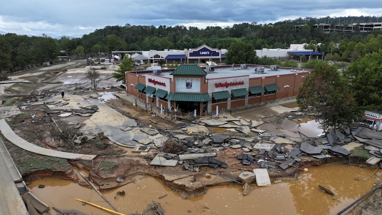 A drone view shows a damaged area, following the passing of Hurricane Helene, in Asheville, North Carolina, U.S., September 29, 2024. REUTERS/Marco Bello