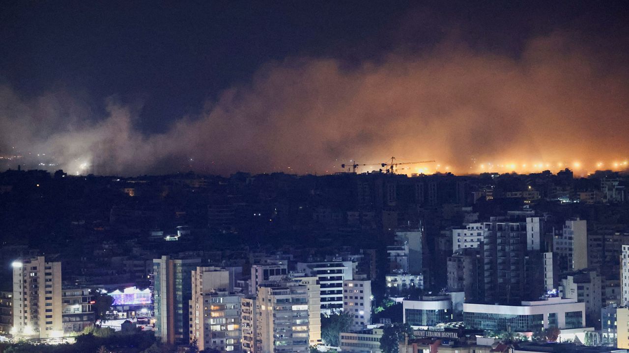 Smoke rises over Beirut's southern suburbs after a strike as seen from Sin El Fil, Lebanon, on Tuesday, October 1.