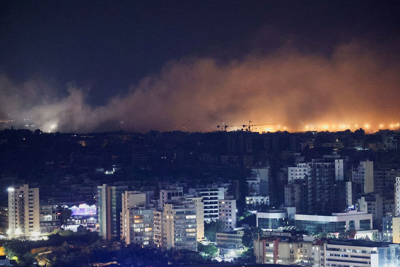 Smoke rises over Beirut's southern suburbs after a strike as seen from Sin El Fil, Lebanon, on Tuesday, October 1.