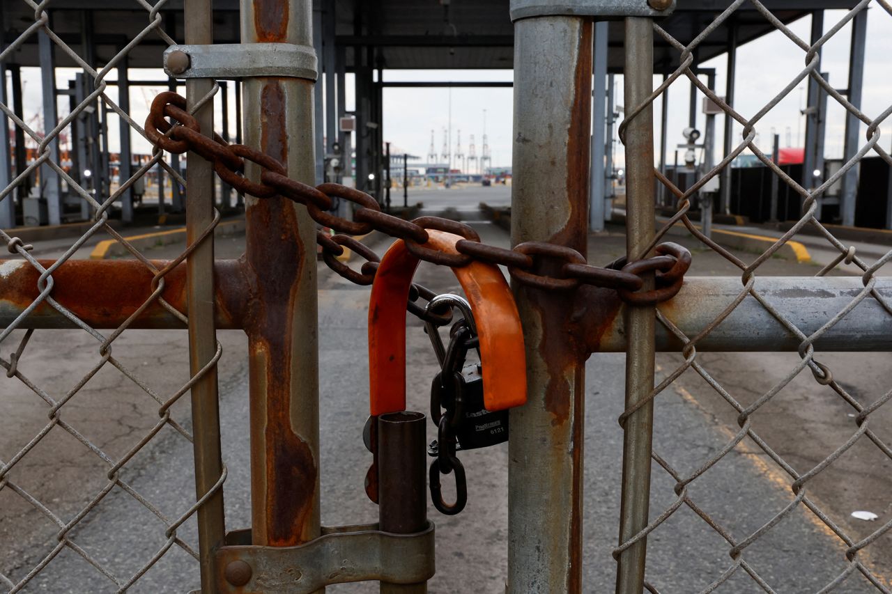 A view of closed entrance to the Maher Terminal, as members of the International Longshoremen’s Association union, which represents roughly 45,000 workers, strike in Elizabeth, New Jersey, on October 1.