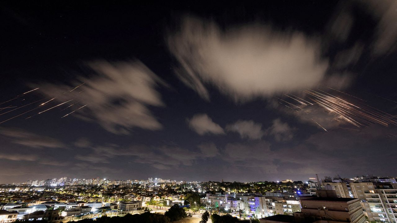 Israel's Iron Dome anti-missile system intercepts rockets after Iran fired a salvo of ballistic missiles, as seen from Ashkelon, Israel, on October 1.