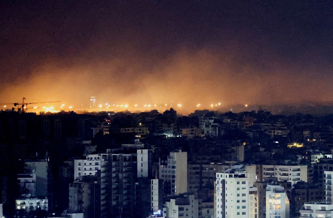 Smoke rises over Beirut's southern suburbs after a strike, as seen from Sin El Fil, Lebanon, on October 1, 2024.