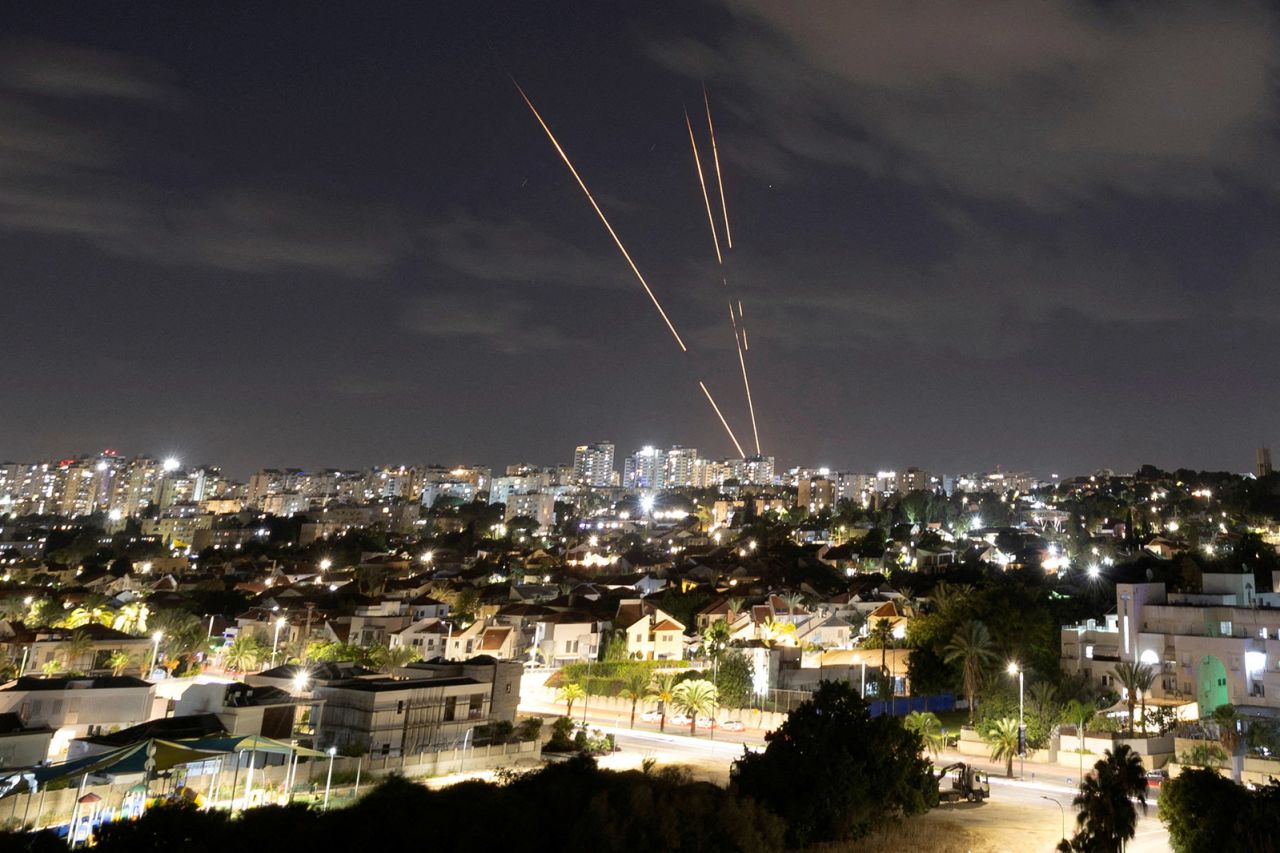 Israel's Iron Dome anti-missile system intercepts rockets after Iran fired a salvo of ballistic missiles, as seen from Ashkelon, Israel, on October 1, 2024.