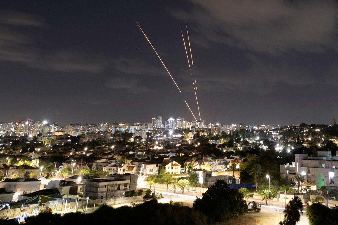 Israel's missile defense system intercepts missiles after Iran fired a volley of ballistic missiles, seen October 1, 2024 from Ashkelon, Israel.