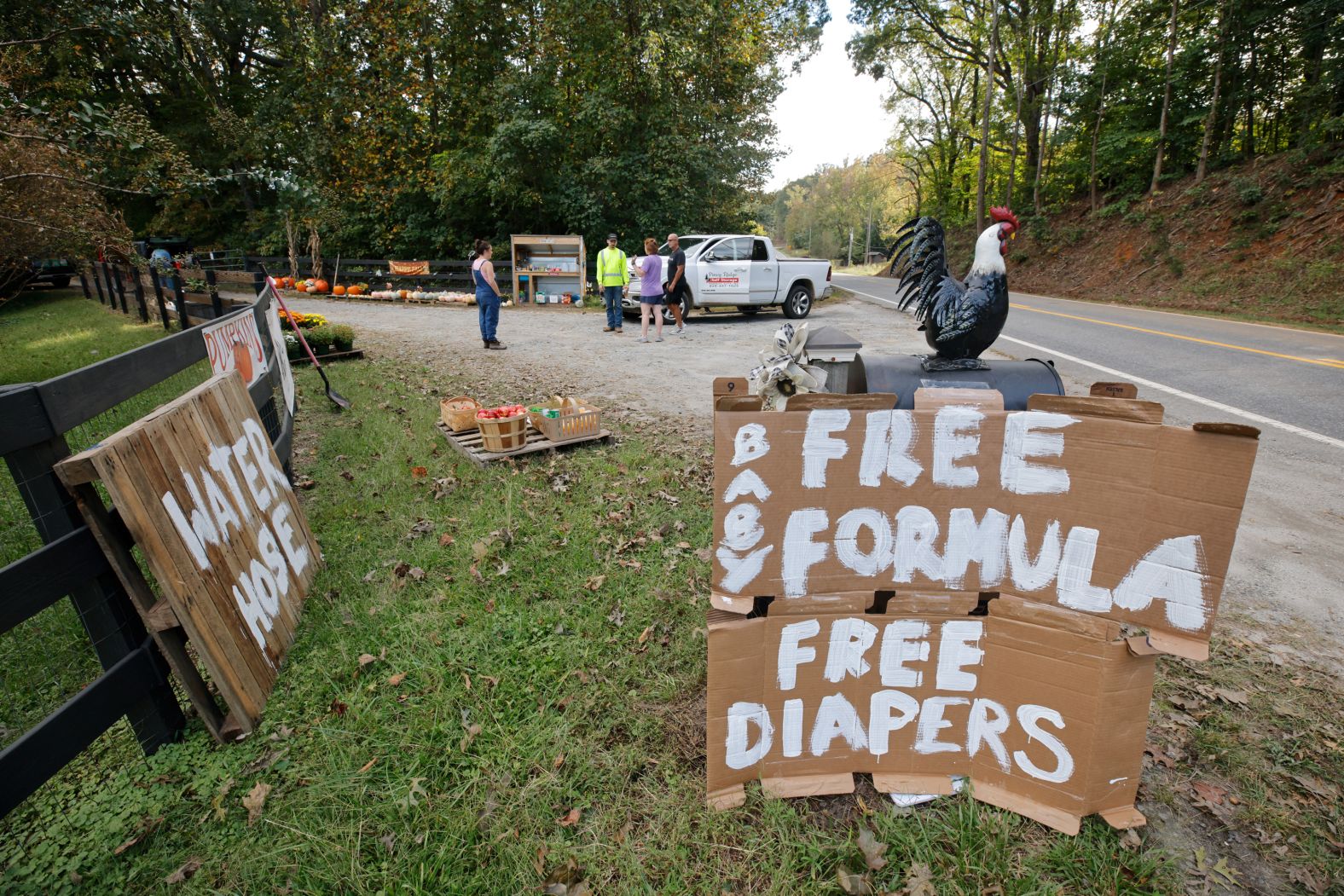 Local farmers offer free food, baby formula and diapers to people in Columbus, North Carolina, as some supplies remain difficult to find in the aftermath of Hurricane Helene.