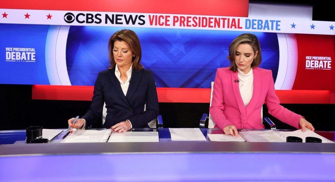 Moderators Norah O'Donnell and Margaret Brennan sit during the debate between Gov. Tim Walz and Sen. JD Vance hosted by CBS in New York on October 1, 2024.