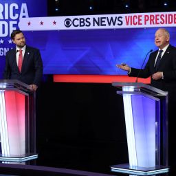 Democratic vice presidential nominee Minnesota Governor Tim Walz speaks during a debate with Republican vice presidential nominee U.S. Senator JD Vance (R-OH) hosted by CBS in New York, U.S., October 1, 2024. REUTERS/Mike Segar