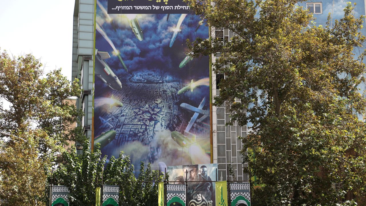 An anti-Israel billboard is displayed on a building in Tehran, Iran, on October 2.