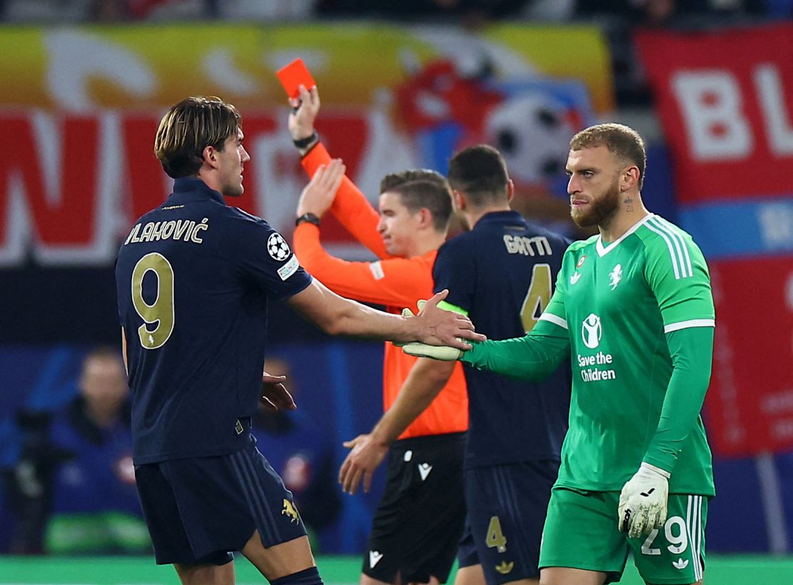 Di Gregorio is shown a red card against RB Leipzig.