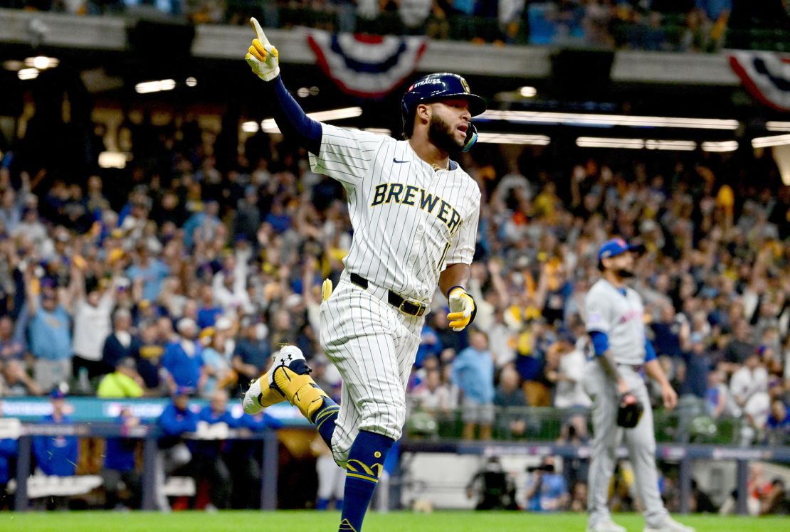 Jackson Chourio reacts after hitting a home run in the first inning.