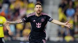 Oct 2, 2024; Columbus, Ohio, USA; Inter Miami CF forward Lionel Messi (10) celebrates after scoring a goal against the Columbus Crew during the first half at Lower.com Field. Mandatory Credit: Joseph Maiorana-Imagn Images