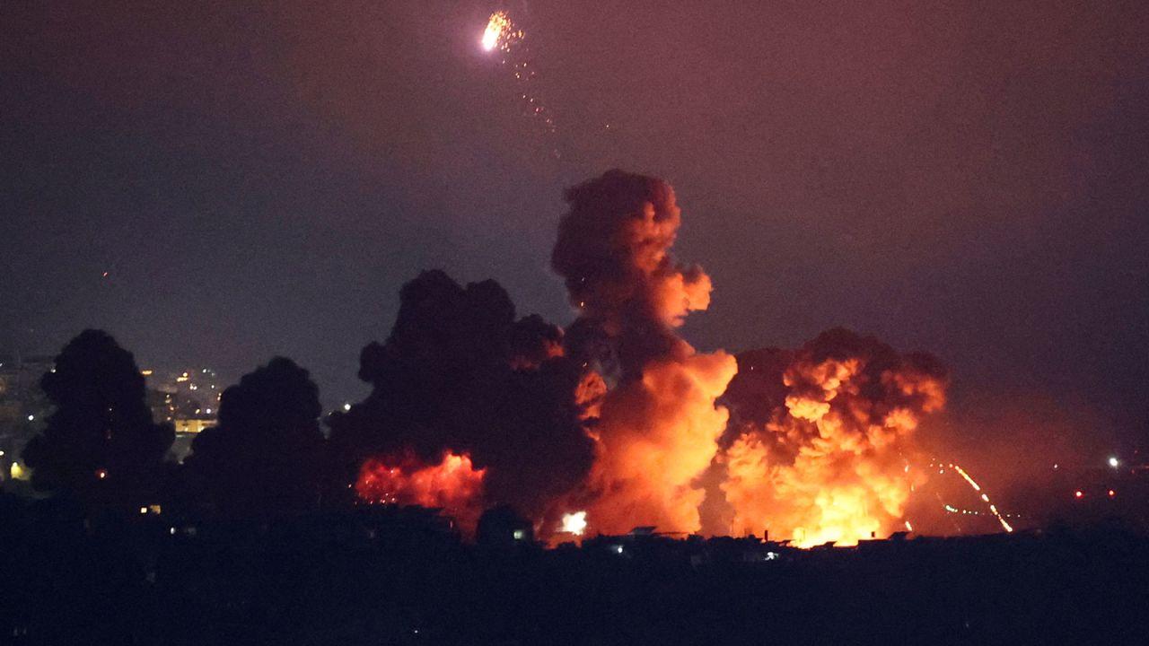 Smoke rises following an explosion over Beirut's southern suburbs after a strike, as seen from Sin El Fil, Lebanon, on Thursday, October 3.