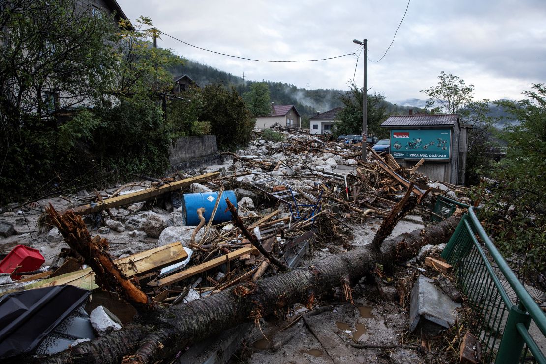 Debris lies around a flooded residential area in Donja Jablanica, Bosnia and Herzegovina, October 5, 2024.REUTERS/Marko Djurica