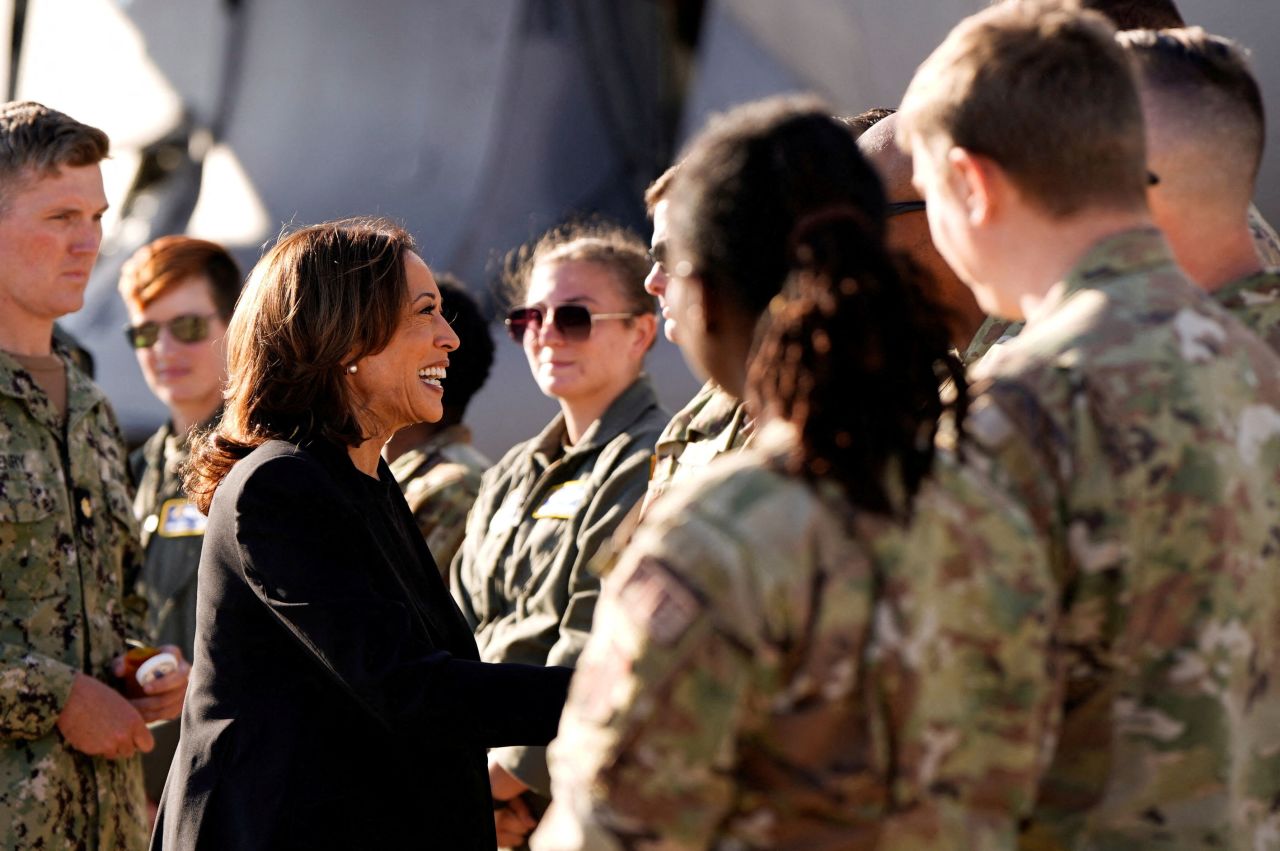 Vice President Kamala Harris meets with members of the North Carolina Air National Guard in Charlotte, North Carolina, on Saturday.