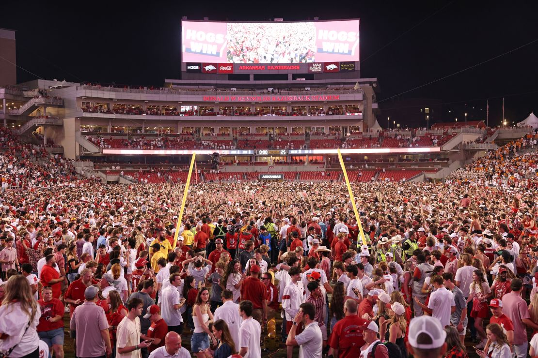 Arkansas Razorbacks fans stormed the field after their win.