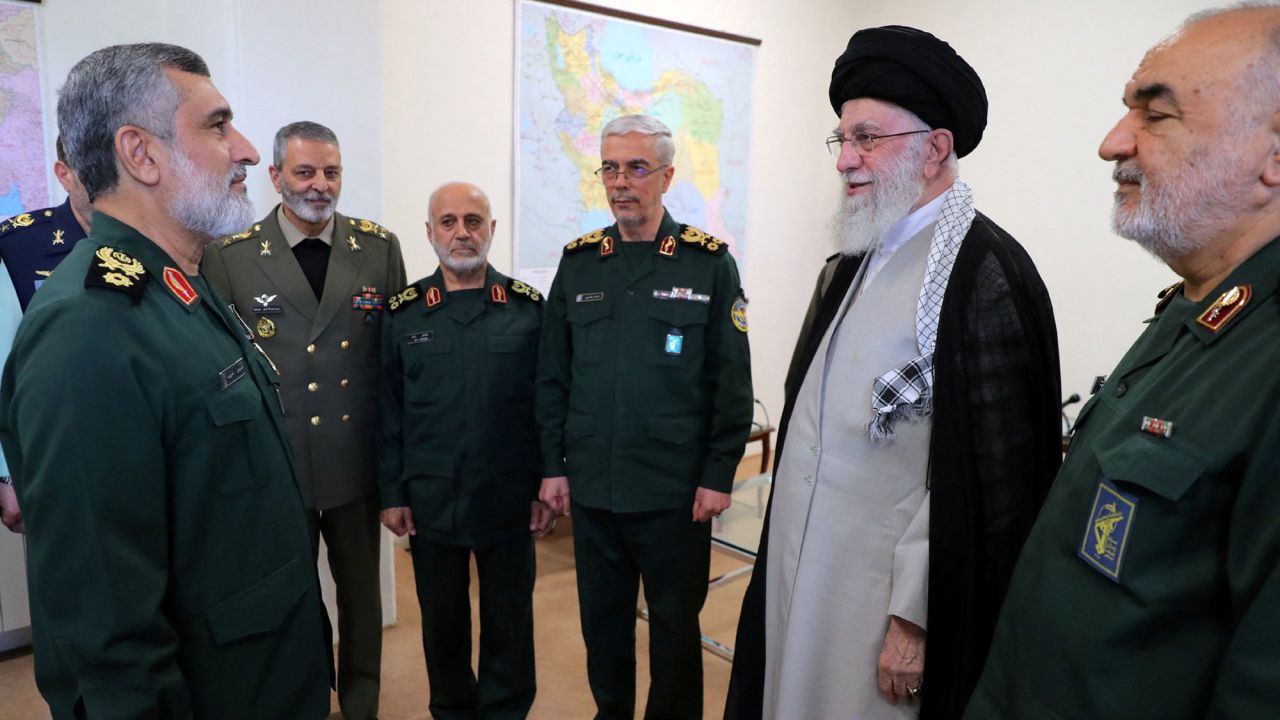 Iran's Supreme Leader Ayatollah Ali Khamenei, second right, awards Fath Medal of honour to IRGC Aerospace Force Commander Amir Ali Hajizadeh, in Tehran, Iran, on October 6.