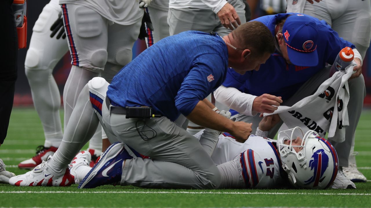 Oct 6, 2024; Houston, Texas, USA; Buffalo Bills quarterback Josh Allen (17) lays injured after being tackled by Houston Texans linebacker Azeez Al-Shaair (0) (not pictured) in the second half at NRG Stadium. Mandatory Credit: Thomas Shea-Imagn Images